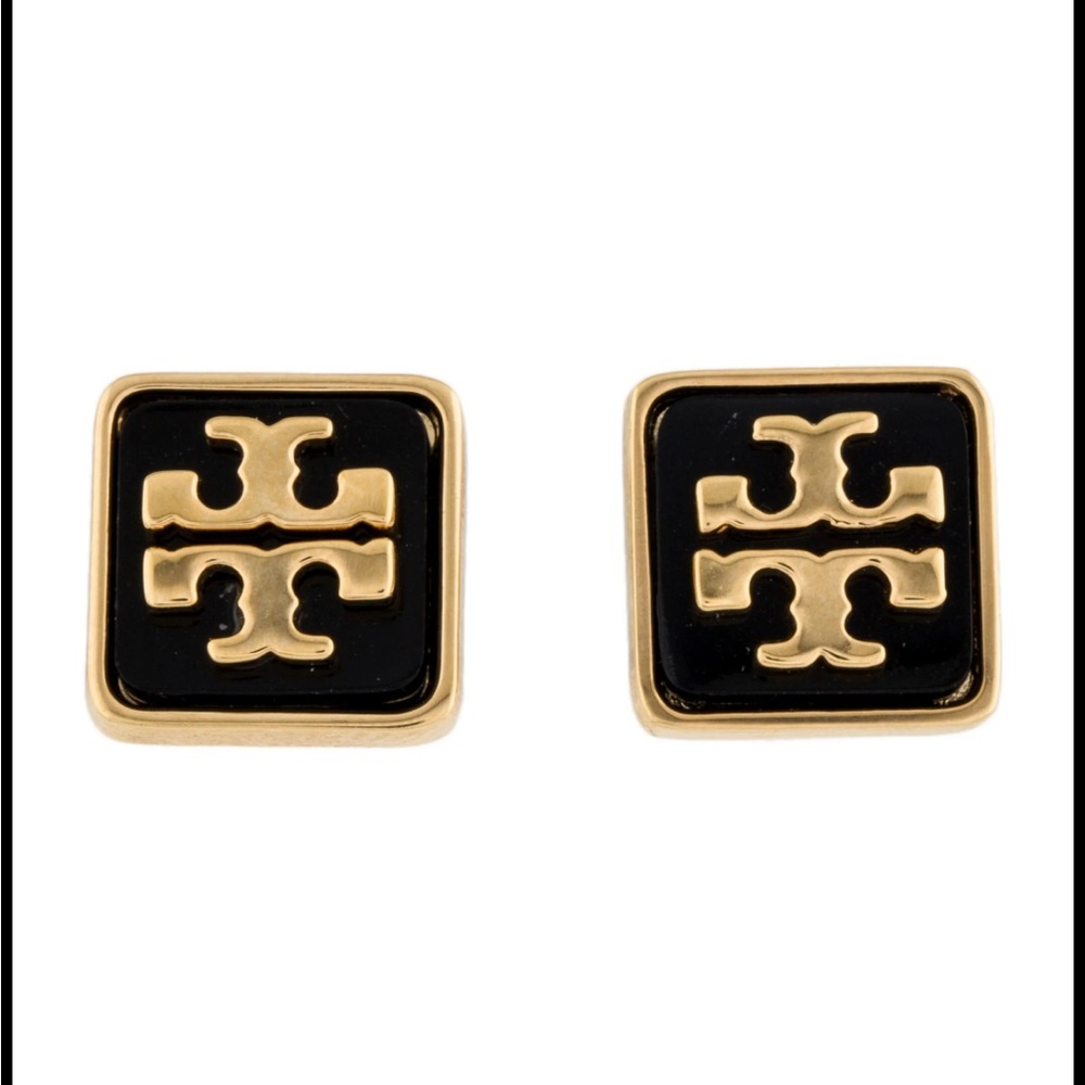 Tory Burch Black and Gold Square Resin Earring Studs
